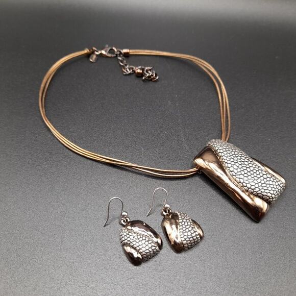 Chico's Bronze Silver Pendant Necklace Drop Earrings Set, Three Gold Cords, 20" - Picture 8 of 12